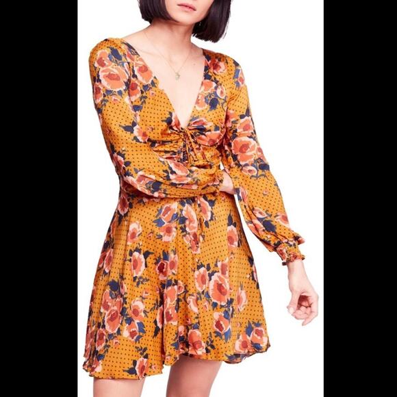 FREE PEOPLE Morning Light Floral Retro Printed Long Sleeve Mini Dress Size 0 - Picture 4 of 11